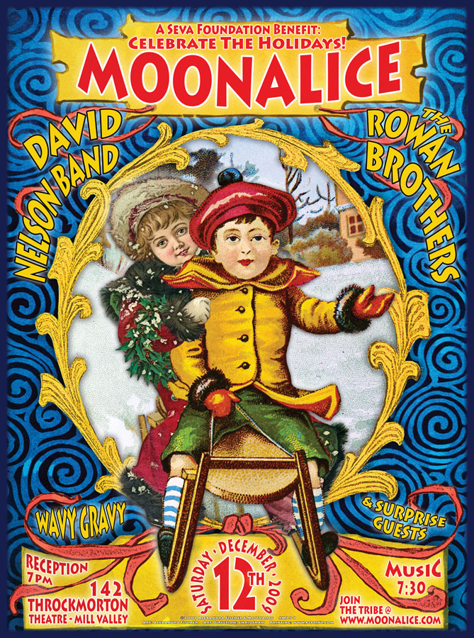 M231 › 12/12/09 Throckmorton Theatre, Mill Valley, CA poster by Alexandra Fischer with David Nelson Band, The Rowan Brothers, and Wavy Gravy