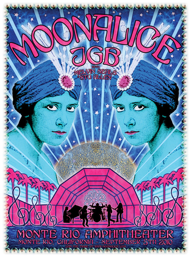 M313 › 9/5/10 Monte Rio Amphithe­ater, Monte Rio, CA poster by Alexandra Fischer with JGB, Melvin Seals, and Stu Allen