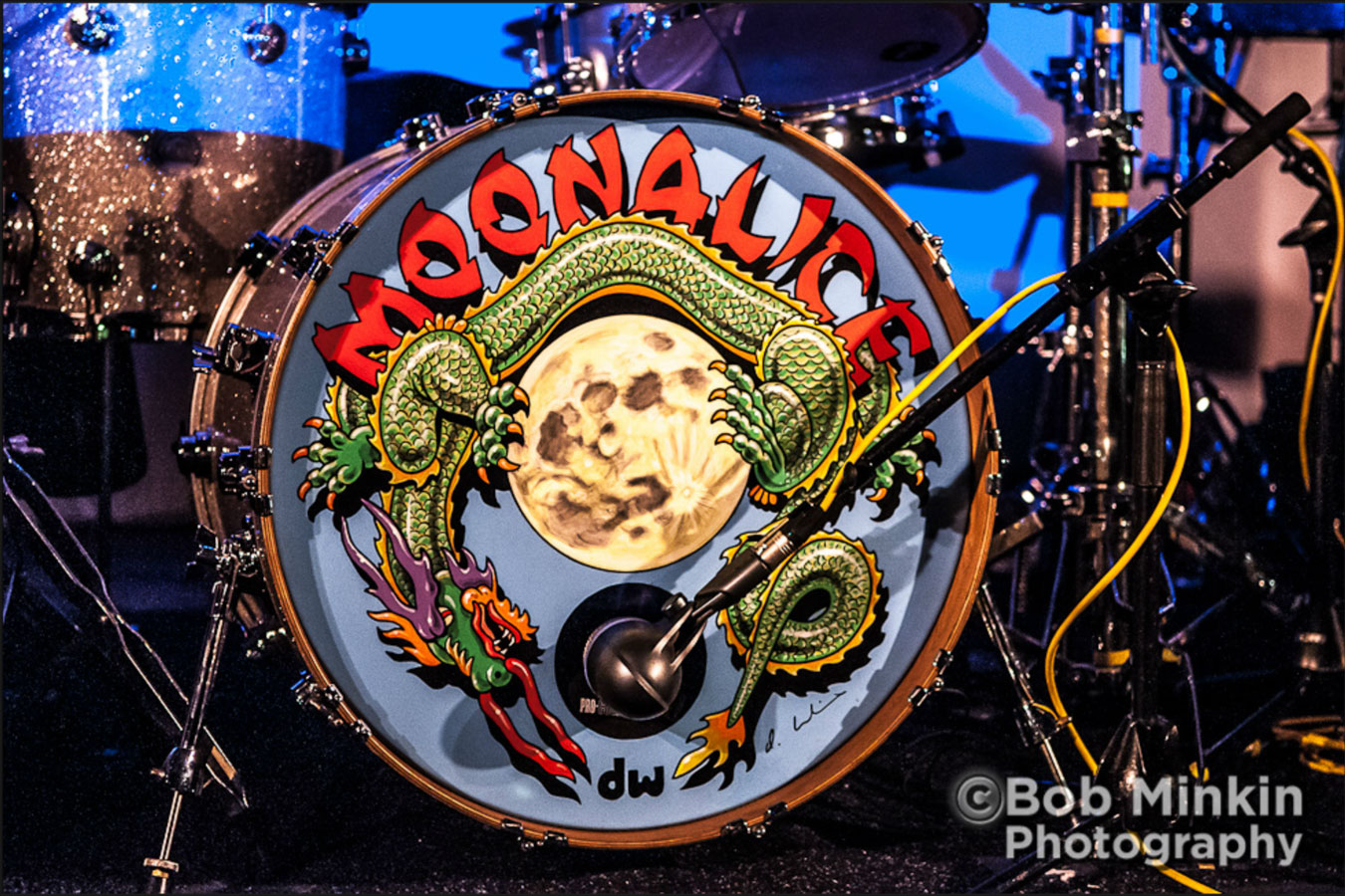 Moonalice Dragon Drum Head cover painted by Dennis Larkins, photo by Bob Minkin Photography