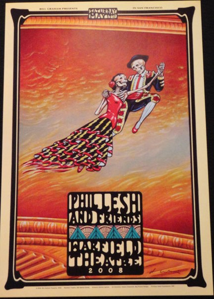 Set of 5 Phil Lesh posters from the 5 night run at the Warfield in 2008 – Signed by the poster artist Dennis Larkins. These posters depict the mural on the ceiling above the stage at the Warfield – each poster is different