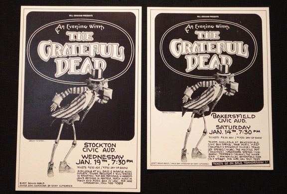 Two of three rare Grateful Dead posters from January 1977 – Stockton Civic Auditorium, Bakersfield Civic Auditorium, and the Shrine Auditorium in LA