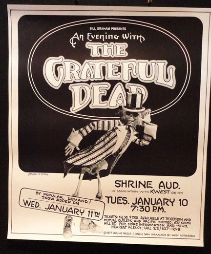 One of three rare Grateful Dead posters from January 1977 – Stockton Civic Auditorium, Bakersfield Civic Auditorium, and the Shrine Auditorium in LA.