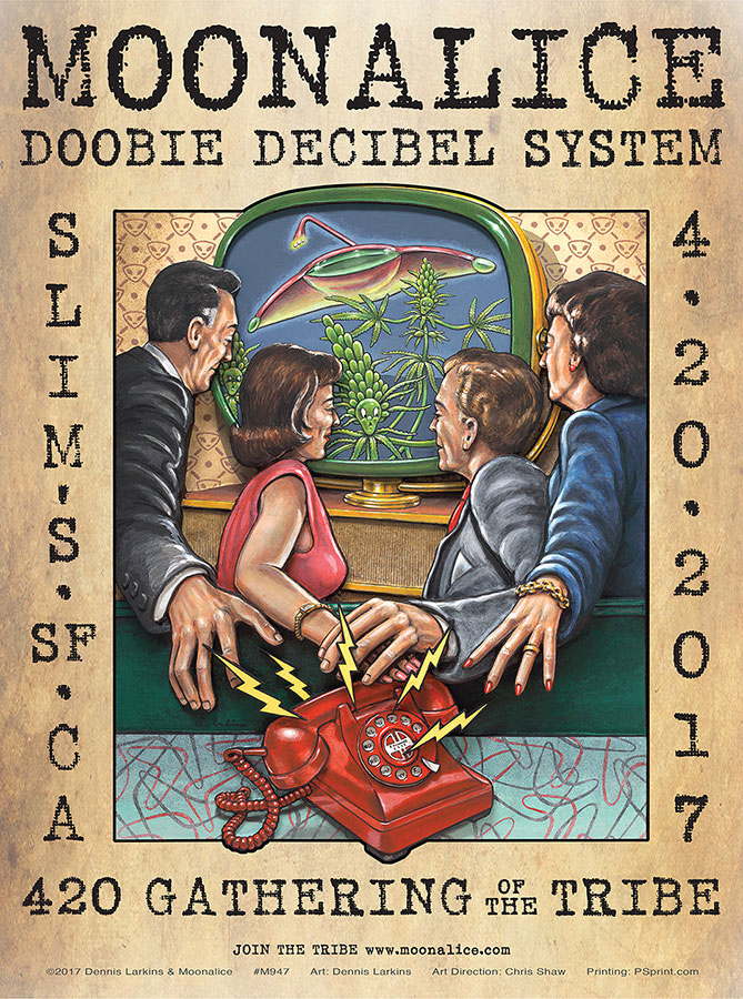 M947 › 4/20/17 420 Gathering of the Tribe, Slim's, San Francisco, CA poster by Dennis Larkins with Doobie Decibel System
