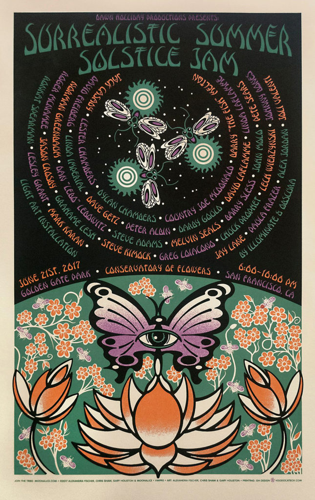 M990 › 6/21/17 Surrealistic Summer Solstice Jam at Conservatory of Flowers, San Francisco, CA silkscreen poster by Alexandra Fischer, Chris Shaw, & Gary Housto