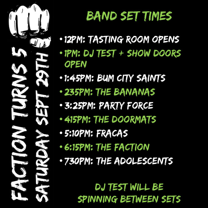 Faction Brewing presents - 5 Year Anniversary Party with... The Adolescents, The Faction, Fracas, The Doormats, Part Force, and More!