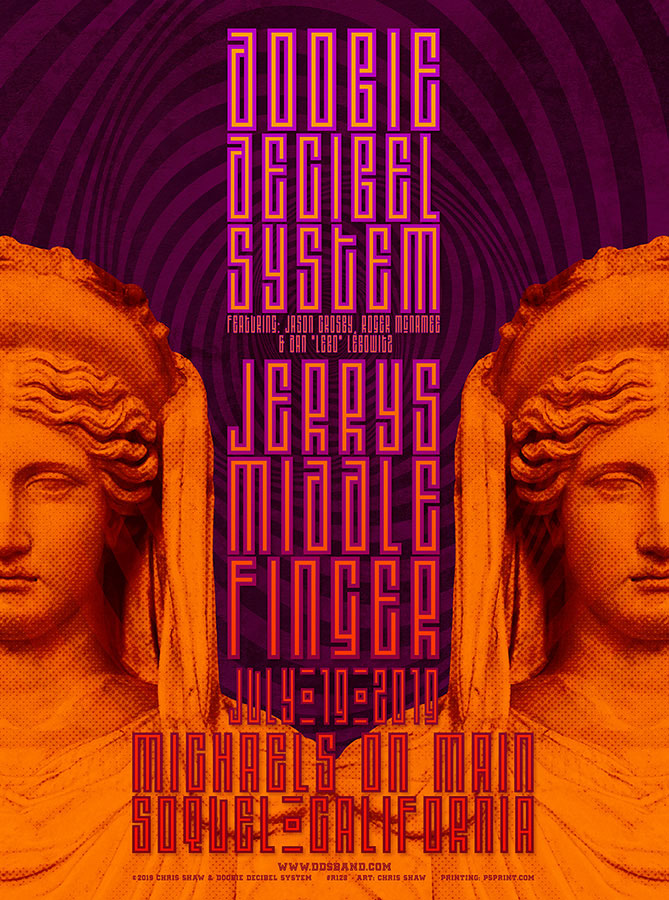 R128 › 7/19/19 Doobie Decibel System Trio, Michael's on Main, Soquel, CA poster by Chris Shaw with Jerry's Middle Finger