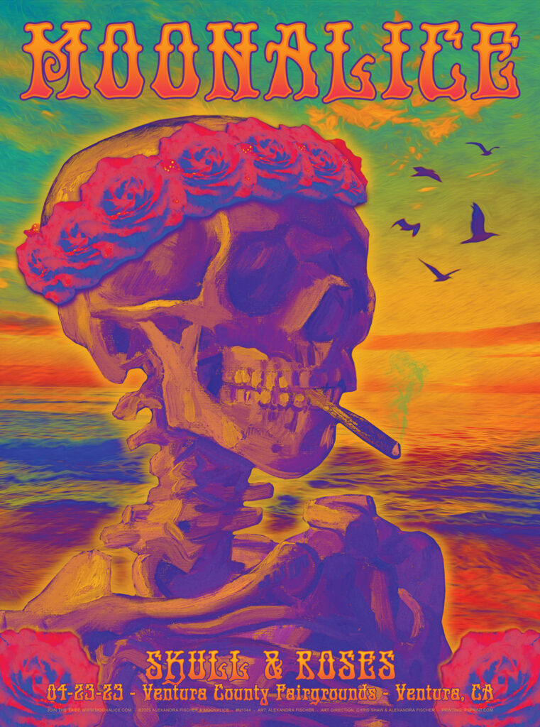 M1344 › Moonalice 4/23/23, Skull & Roses Festival V, Ventura, CA poster by Alexandra Fischer