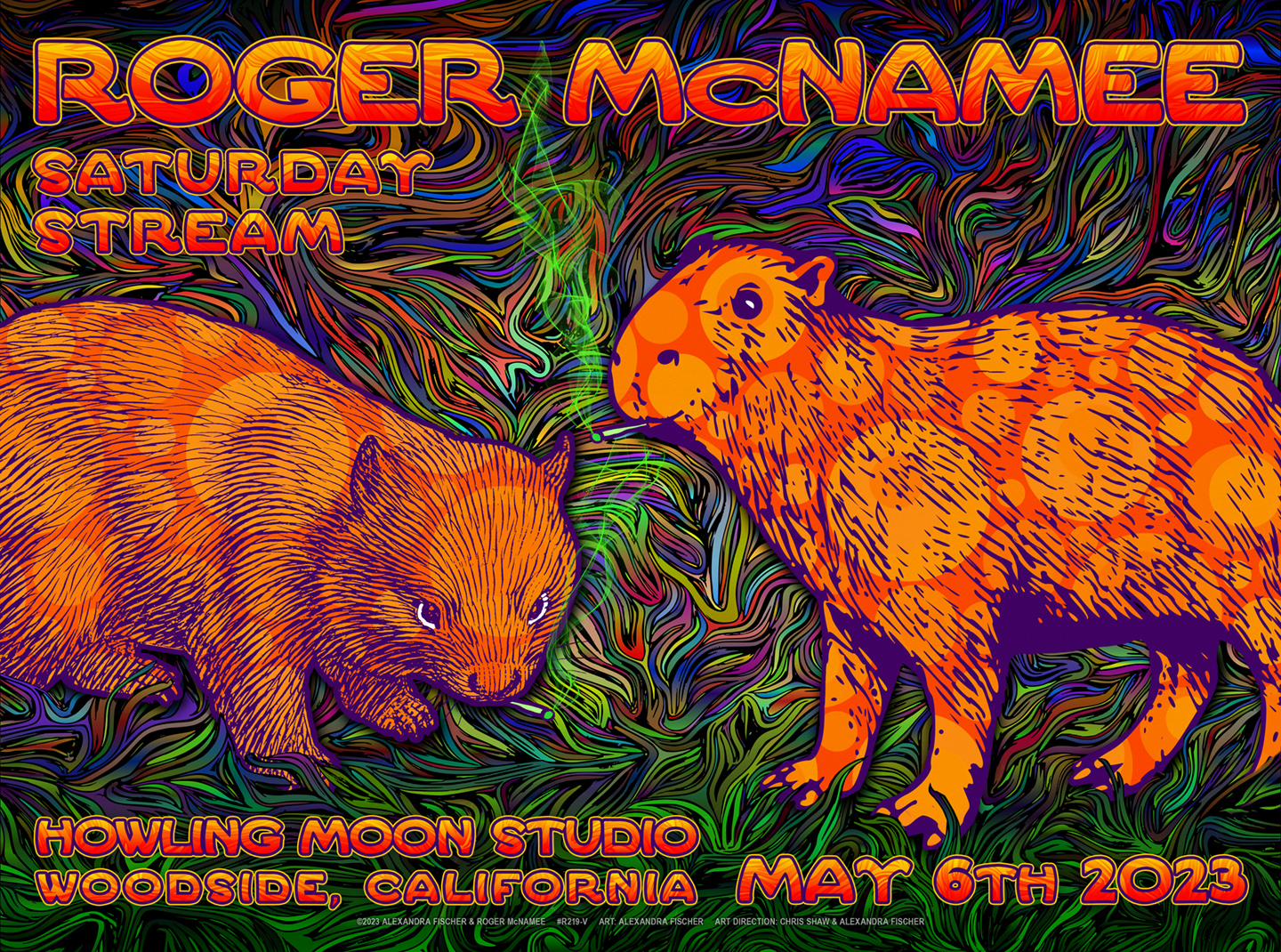 R219V › Roger McNamee 5/6/23 Saturday Stream, Howling Moon Studio, Woodside, California poster by Alexandra Fischer